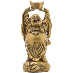 Chinese Fengshui Handmade Brass Laughing Buddha Holding Ingot Figurine Wealth Home Decor TQ176