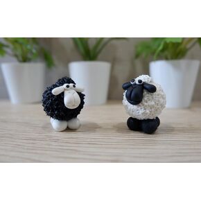2 Miniature Sheep Figurines, White & Black, Made from The Best Special of Clay in Thailand. It is an Ideal Handicraft for Decorating Home and Garden.