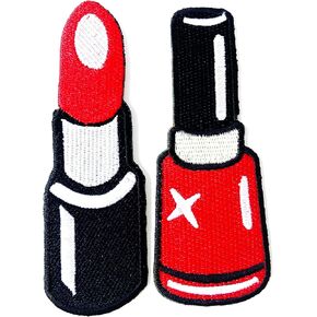 PLpatch Set of 2 pcs Nail Polish Red Lipstick Cosmetics Sexy Women Logo1 Sew Iron on Embroidered Applique Badge Sign Patch Clothing Costume