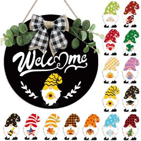 Interchangeable Seasonal Gnome Welcome Sign for Front Door - Rustic Wooden Wreaths Outdoor - Farmhouse Porch Welcome Decor Black 12 Inches - HouseWarming Gifts - Gnomes Decor