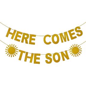 Here Comes The Son Baby Shower decor baby boy banner sunshine party decorations for baby shower Baby Shower Party Photo Props blue and gold Banner
