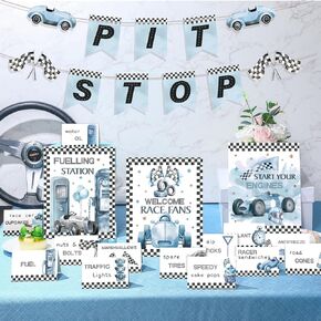 19 Pcs Race Car Birthday Party Decorations Boys Two Fast Vintage Birthday Party Decor 2 Fast Dusty Blue Black Wheel Checkered Party Supplies for Baby Shower Race Car Fast One Party