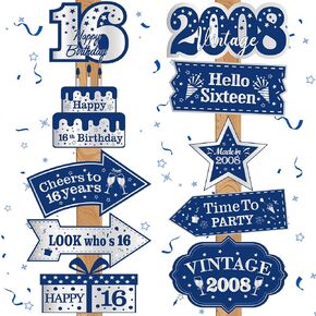 10 قطع من زينة عيد الميلاد السادس عشر باللون الأزرق للأولاد والبنات باللون الأزرق الداكن والفضة السعيدة لعيد الميلاد السادس عشر لافتة باب لافتة علامات اتجاهية عتيقة 2008 ديكورات حفلات أعياد الميلاد16 عامًا لتزيين جدران الحفلات in Kuwait