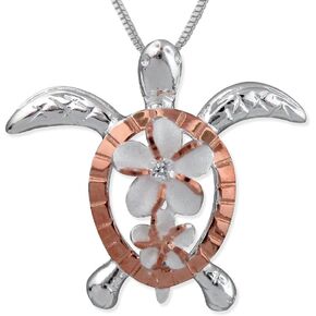 Sterling Silver Turtle Plumeria Pendant Necklace, 16+2" Extender