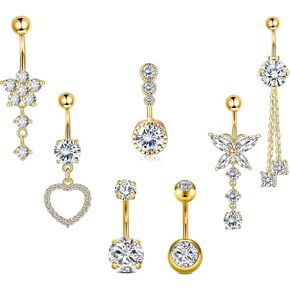 7 Pcs Belly Button Ring Dangle for Women Hypoallergenic Surgical Stainless Steel Belly Rings Butterfly Heart CZ Cute Belly Button Piercing Navel Piercings Pack Belly Piercing Jewelry