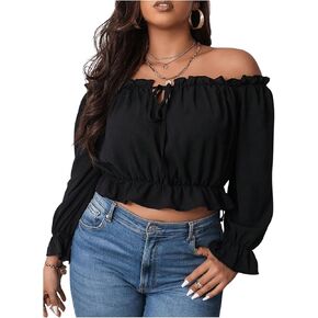 MakeMeChic Women's Plus Size Off Shoulder Shirt Frill Trim Flounce Sleeve Blouses Ruffle Hem Crop Blouse Top