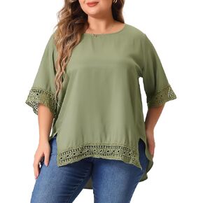 Agnes Orinda Plus Size Summer Tops for Women Crewneck Lace Crochet Short Sleeve Shirts Casual Loose Blouses