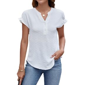 CiCiBird قميص نسائي أنيق كاجوال بياقة على شكل V وأكمام قصيرة مكشكشة، بلوزة شيفون منقطة in Kuwait