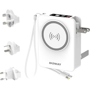 10000mAh Portable Charger with Built in USB C & Lightning Cables, Travel - 5 in 1 Magnetic Wireless Power Bank, Wall Plug Battery Compatible with iPhone 15 14 Samsung S22 Google iPad (White)