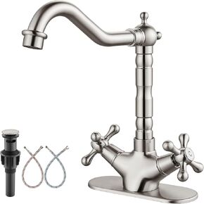Aolemi Tall Vessel Sink Faucet Brushed Nickel with Pop Up Drain Double Cross Handles Deck Mount Vanity Mixer Basin Tap Single Hole Bathroom Faucets with Vintage Swivel Spout for Lavatory Utility Sink