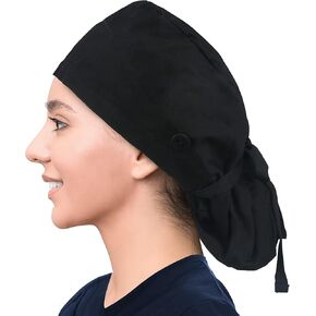 QBA Adjustable Working Cap with Button, Cotton Lined Hat, Cotton Sweatband, Elastic Bandage Tie Back Hats One Size, Black with Navy Lining