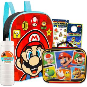 Mario Mini Backpack and Lunch Box Set for Kids - Bundle with 11" Super Mario Mini Backpack, Mario Lunch Bag, Stickers, Water Bottle, More | Super Mario Backpack for Boys 4-6