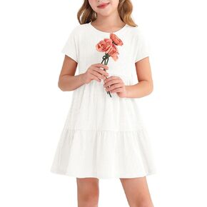 Girls Waffle Knit Button Detail Tiered Dresses Short Sleeve Casual Sun Beach Dress