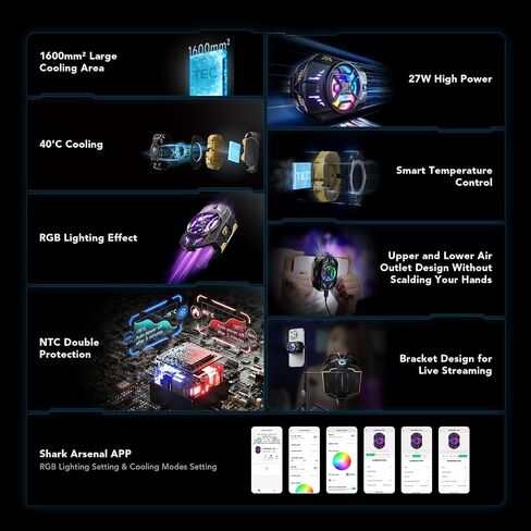 Phone Cooler, Black Shark FunCooler 4 Pro Phone Cooling Fan RGB Ligh, App, Smart Cooling Modes for Gaming & Video Streaming & Car Driving 27W Cellphone Radiator for 2.59-3.46IN iPhone&Android Phones in Saudi Arabia