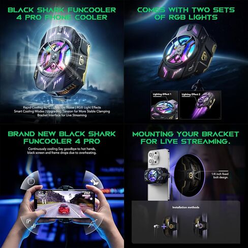 Phone Cooler, Black Shark FunCooler 4 Pro Phone Cooling Fan RGB Ligh, App, Smart Cooling Modes for Gaming & Video Streaming & Car Driving 27W Cellphone Radiator for 2.59-3.46IN iPhone&Android Phones in Saudi Arabia