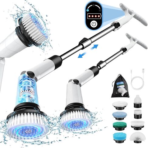 Electric Spin Scrubber, Battery Cordless Cleaning Brush,Shower Cleaning Brush with 8 Replaceable Brush Heads and 3 Adjustable Speeds, LED Screen and Adjustable & Detachable Long Handle in Saudi Arabia