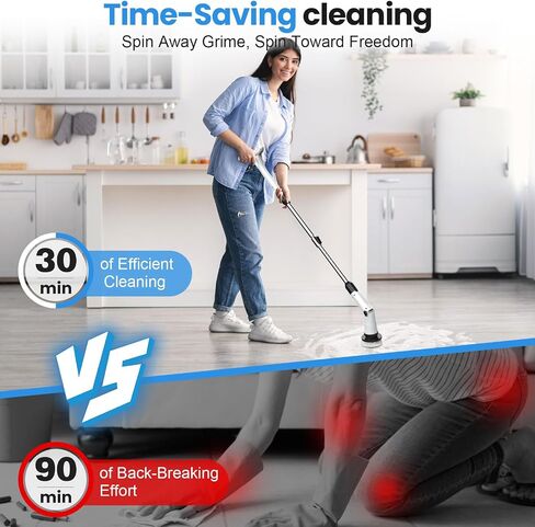 Electric Spin Scrubber, Battery Cordless Cleaning Brush,Shower Cleaning Brush with 8 Replaceable Brush Heads and 3 Adjustable Speeds, LED Screen and Adjustable & Detachable Long Handle in Saudi Arabia