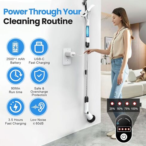 Electric Spin Scrubber, Battery Cordless Cleaning Brush,Shower Cleaning Brush with 8 Replaceable Brush Heads and 3 Adjustable Speeds, LED Screen and Adjustable & Detachable Long Handle in Saudi Arabia