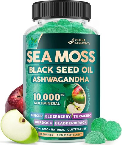 علكات طحالب البحر | زيت الحبة السوداء والأشواغاندا والزنجبيل - معادن متعددة 10000 ملغ مع نبات البلسان والأرقطيون والمثانة - التخلص من السموم ودعم المناعة والغدة الدرقية - نباتي، نكهة التفاح الطبيعية، 60 علكة in Kuwait