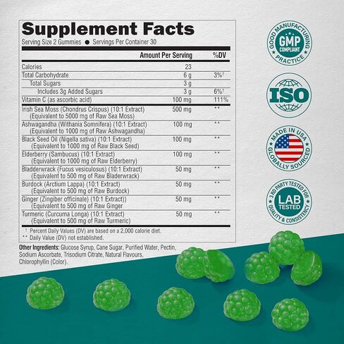 علكات طحالب البحر | زيت الحبة السوداء والأشواغاندا والزنجبيل - معادن متعددة 10000 ملغ مع نبات البلسان والأرقطيون والمثانة - التخلص من السموم ودعم المناعة والغدة الدرقية - نباتي، نكهة التفاح الطبيعية، 60 علكة in Kuwait