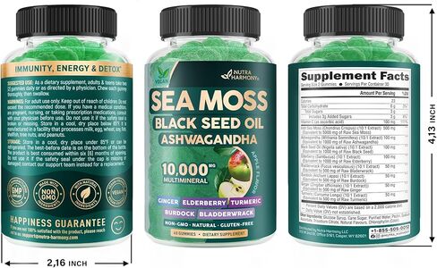 علكات طحالب البحر | زيت الحبة السوداء والأشواغاندا والزنجبيل - معادن متعددة 10000 ملغ مع نبات البلسان والأرقطيون والمثانة - التخلص من السموم ودعم المناعة والغدة الدرقية - نباتي، نكهة التفاح الطبيعية، 60 علكة in Kuwait