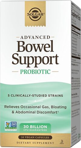 Solgar Advanced Bowel Support Probiotic, 30 Vegan Capsules - 30 Billion CFU - 5 Clinically-Studied Strains - for Occasional Gas, Bloating & Abdominal Discomfort - Non-GMO & Vegan, 30 Servings in Saudi Arabia