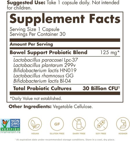 Solgar Advanced Bowel Support Probiotic, 30 Vegan Capsules - 30 Billion CFU - 5 Clinically-Studied Strains - for Occasional Gas, Bloating & Abdominal Discomfort - Non-GMO & Vegan, 30 Servings in Saudi Arabia