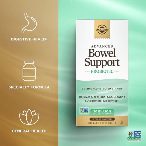 Solgar Advanced Bowel Support Probiotic, 30 Vegan Capsules - 30 Billion CFU - 5 Clinically-Studied Strains - for Occasional Gas, Bloating & Abdominal Discomfort - Non-GMO & Vegan, 30 Servings in Saudi Arabia