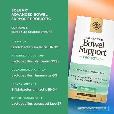 Solgar Advanced Bowel Support Probiotic, 30 Vegan Capsules - 30 Billion CFU - 5 Clinically-Studied Strains - for Occasional Gas, Bloating & Abdominal Discomfort - Non-GMO & Vegan, 30 Servings in Saudi Arabia