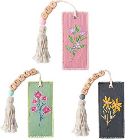 3 Pcs Flower Embroidery Bookmarks with Wooden Letter Beads & Macrame Tassels, Elegant Floral Embroidered Bookmark for Women, Inspirational Handmade Gifts Book Accessories for Book Lovers & Readers in Saudi Arabia