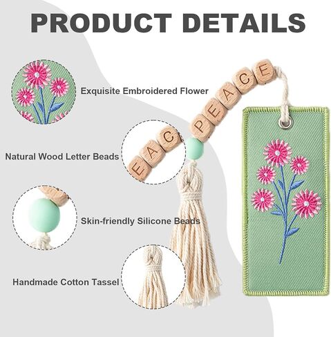 3 Pcs Flower Embroidery Bookmarks with Wooden Letter Beads & Macrame Tassels, Elegant Floral Embroidered Bookmark for Women, Inspirational Handmade Gifts Book Accessories for Book Lovers & Readers in Saudi Arabia
