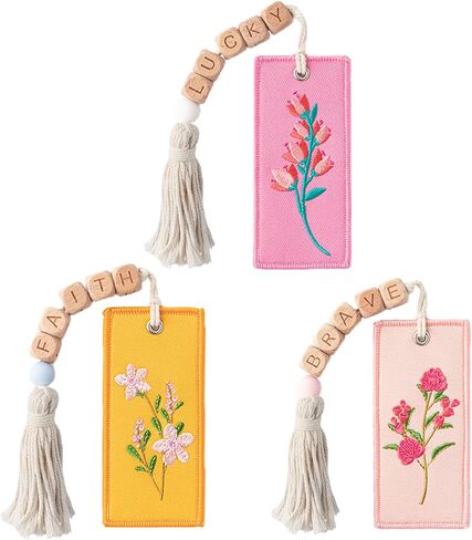 3 Pcs Flower Embroidery Bookmarks with Wooden Letter Beads & Macrame Tassels, Elegant Floral Embroidered Bookmark for Women, Inspirational Handmade Gifts Book Accessories for Book Lovers & Readers in Saudi Arabia