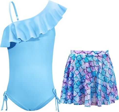 ملابس سباحة قطعة واحدة للفتيات مع تنورة مكشكشة بكتف واحد لركوب الأمواج على الشاطئ وحفلات حمام السباحة للفتيات المراهقات من عمر 6 إلى 12 سنة in Kuwait