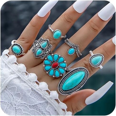 الفيروز خواتم للنساء البوهيمي الفيروز خاتم مجموعة Vintage خواتم الغربية للإصبع تكويم المفصل خواتم الفيروز مجوهرات هدايا in Kuwait