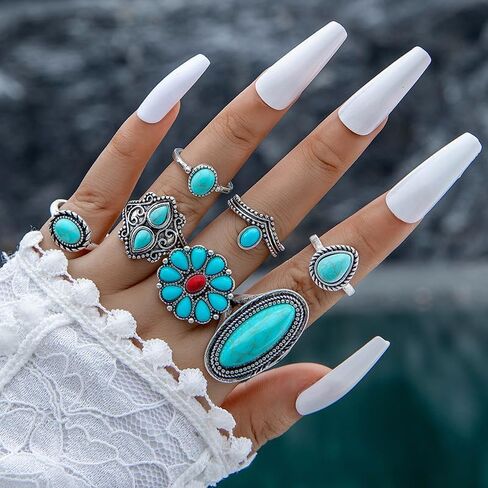الفيروز خواتم للنساء البوهيمي الفيروز خاتم مجموعة Vintage خواتم الغربية للإصبع تكويم المفصل خواتم الفيروز مجوهرات هدايا in Kuwait