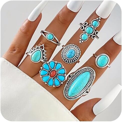 الفيروز خواتم للنساء البوهيمي الفيروز خاتم مجموعة Vintage خواتم الغربية للإصبع تكويم المفصل خواتم الفيروز مجوهرات هدايا in Kuwait