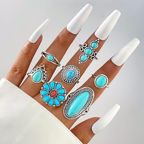 الفيروز خواتم للنساء البوهيمي الفيروز خاتم مجموعة Vintage خواتم الغربية للإصبع تكويم المفصل خواتم الفيروز مجوهرات هدايا in Kuwait