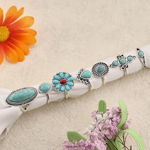الفيروز خواتم للنساء البوهيمي الفيروز خاتم مجموعة Vintage خواتم الغربية للإصبع تكويم المفصل خواتم الفيروز مجوهرات هدايا in Kuwait