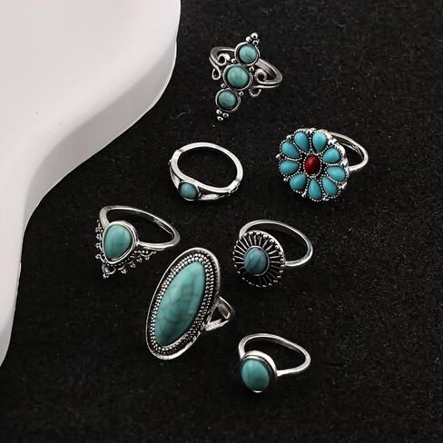 الفيروز خواتم للنساء البوهيمي الفيروز خاتم مجموعة Vintage خواتم الغربية للإصبع تكويم المفصل خواتم الفيروز مجوهرات هدايا in Kuwait