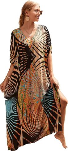Batwing Sleeve Caftan Dresses V Neck Boho Maxi Dress Side Split Loungewear Beach Cover Up Side Split Kaftans for Women Ethnic Plus Size Mrs. Roper Caftan Swimsuit Cover Ups（AC-791-42） in Saudi Arabia