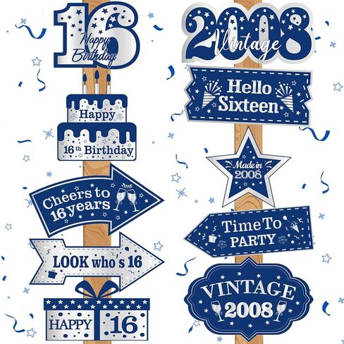 10 قطع من زينة عيد الميلاد السادس عشر باللون الأزرق للأولاد والبنات باللون الأزرق الداكن والفضة السعيدة لعيد الميلاد السادس عشر لافتة باب لافتة علامات اتجاهية عتيقة 2008 ديكورات حفلات أعياد الميلاد16 عامًا لتزيين جدران الحفلات in Kuwait