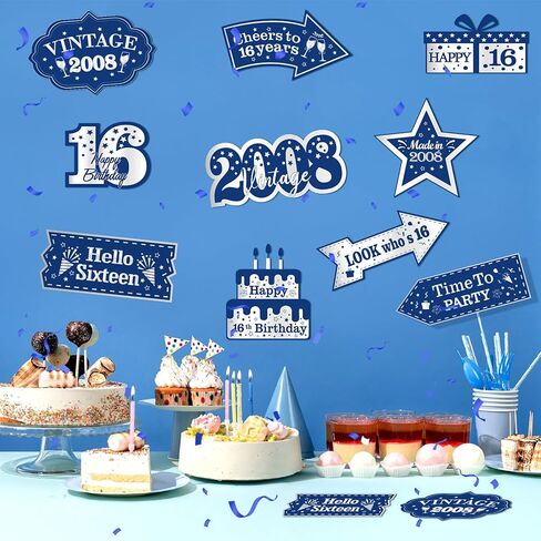10 قطع من زينة عيد الميلاد السادس عشر باللون الأزرق للأولاد والبنات باللون الأزرق الداكن والفضة السعيدة لعيد الميلاد السادس عشر لافتة باب لافتة علامات اتجاهية عتيقة 2008 ديكورات حفلات أعياد الميلاد16 عامًا لتزيين جدران الحفلات in Kuwait