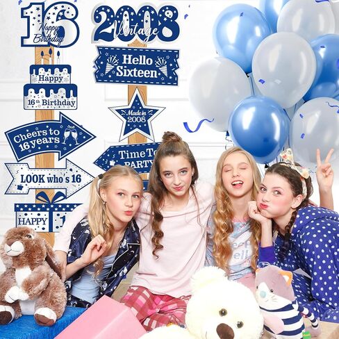 10 قطع من زينة عيد الميلاد السادس عشر باللون الأزرق للأولاد والبنات باللون الأزرق الداكن والفضة السعيدة لعيد الميلاد السادس عشر لافتة باب لافتة علامات اتجاهية عتيقة 2008 ديكورات حفلات أعياد الميلاد16 عامًا لتزيين جدران الحفلات in Kuwait