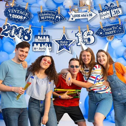 10 قطع من زينة عيد الميلاد السادس عشر باللون الأزرق للأولاد والبنات باللون الأزرق الداكن والفضة السعيدة لعيد الميلاد السادس عشر لافتة باب لافتة علامات اتجاهية عتيقة 2008 ديكورات حفلات أعياد الميلاد16 عامًا لتزيين جدران الحفلات in Kuwait