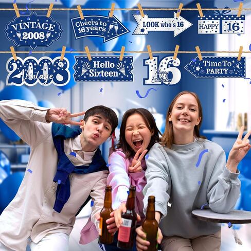 10 قطع من زينة عيد الميلاد السادس عشر باللون الأزرق للأولاد والبنات باللون الأزرق الداكن والفضة السعيدة لعيد الميلاد السادس عشر لافتة باب لافتة علامات اتجاهية عتيقة 2008 ديكورات حفلات أعياد الميلاد16 عامًا لتزيين جدران الحفلات in Kuwait