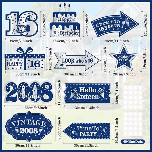 10 قطع من زينة عيد الميلاد السادس عشر باللون الأزرق للأولاد والبنات باللون الأزرق الداكن والفضة السعيدة لعيد الميلاد السادس عشر لافتة باب لافتة علامات اتجاهية عتيقة 2008 ديكورات حفلات أعياد الميلاد16 عامًا لتزيين جدران الحفلات in Kuwait