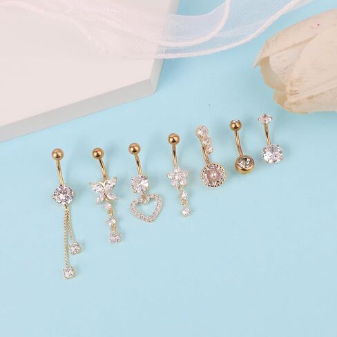7 Pcs Belly Button Ring Dangle for Women Hypoallergenic Surgical Stainless Steel Belly Rings Butterfly Heart CZ Cute Belly Button Piercing Navel Piercings Pack Belly Piercing Jewelry in Saudi Arabia
