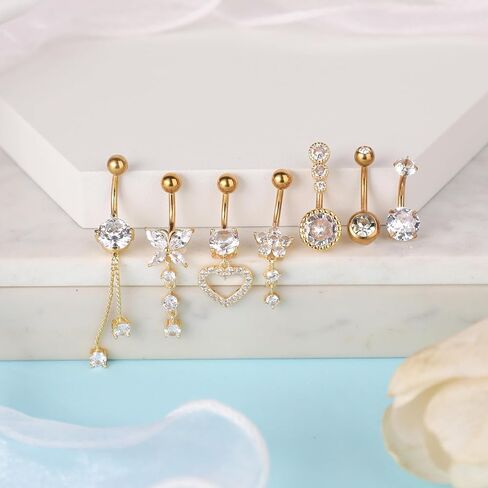 7 Pcs Belly Button Ring Dangle for Women Hypoallergenic Surgical Stainless Steel Belly Rings Butterfly Heart CZ Cute Belly Button Piercing Navel Piercings Pack Belly Piercing Jewelry in Saudi Arabia