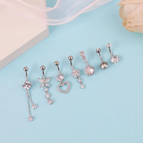 7 Pcs Belly Button Ring Dangle for Women Hypoallergenic Surgical Stainless Steel Belly Rings Butterfly Heart CZ Cute Belly Button Piercing Navel Piercings Pack Belly Piercing Jewelry in Saudi Arabia