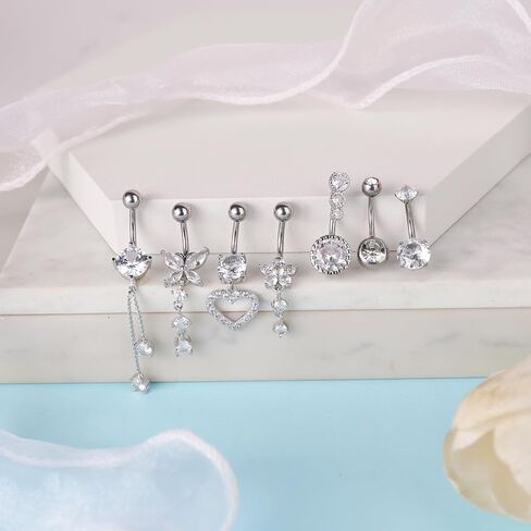 7 Pcs Belly Button Ring Dangle for Women Hypoallergenic Surgical Stainless Steel Belly Rings Butterfly Heart CZ Cute Belly Button Piercing Navel Piercings Pack Belly Piercing Jewelry in Saudi Arabia